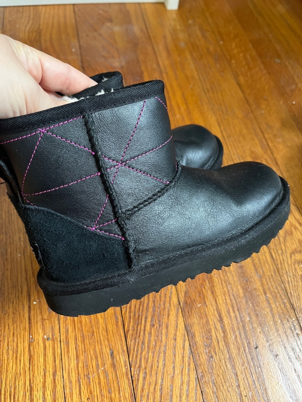Kids UGG Black leather Winter Boots with Pink Stitching